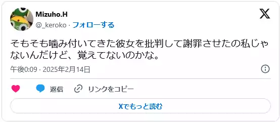 Mizuho.H Tweet そもそも噛み付いてきた彼女を批判して謝罪させたの私じゃないんだけど、覚えてないのかな。
